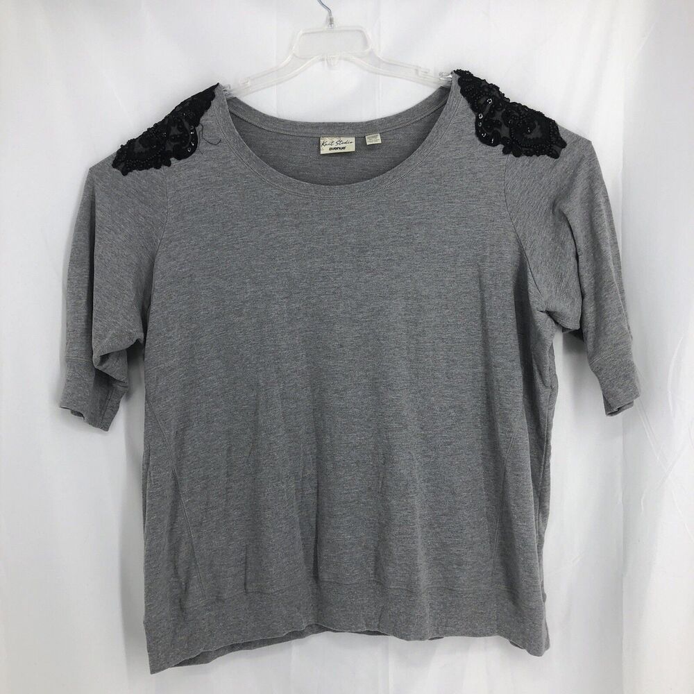 Avenue Knit Beaded Shoulder Shirt Women Size 30/32 Gray